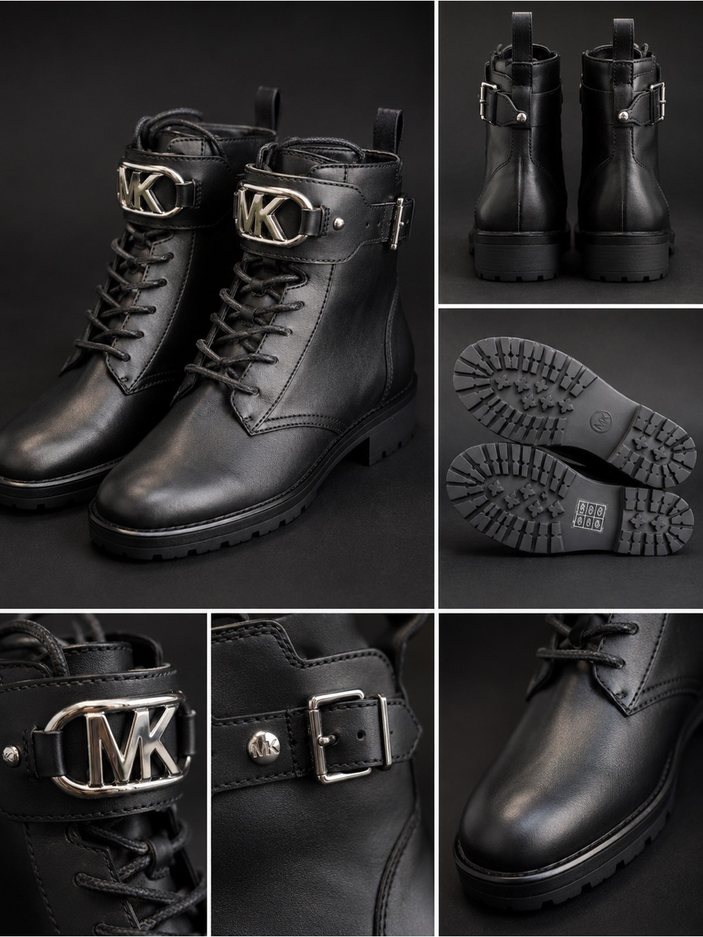 Michael Kors Black Leather MK Logo Lug Sole Boots